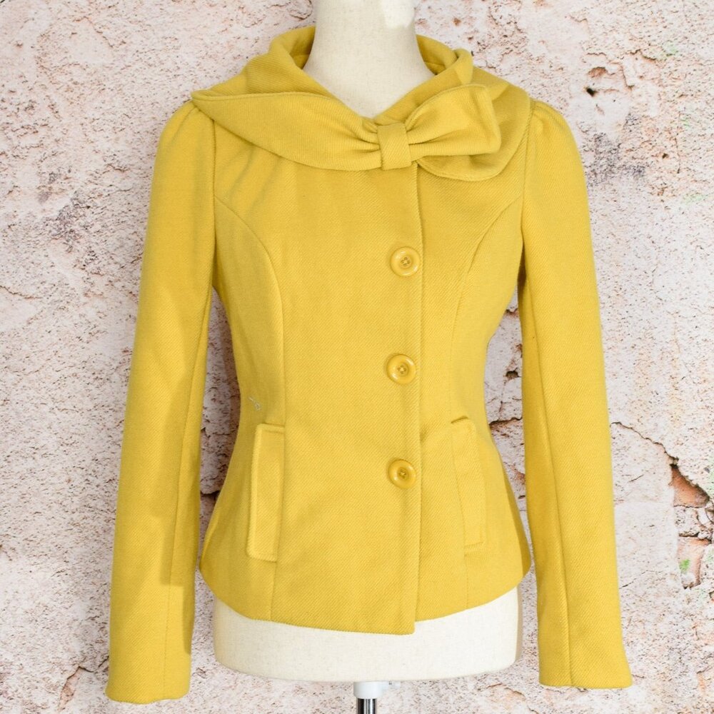 Yellow NARANKA Bow Collar Pea Coat Polyester Jacket - S